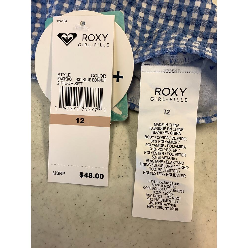 Roxy Girls' 12 Blue White Check Me Out Bikini Set Swimwear Beach Resort M35-28 - Picture 7 of 7
